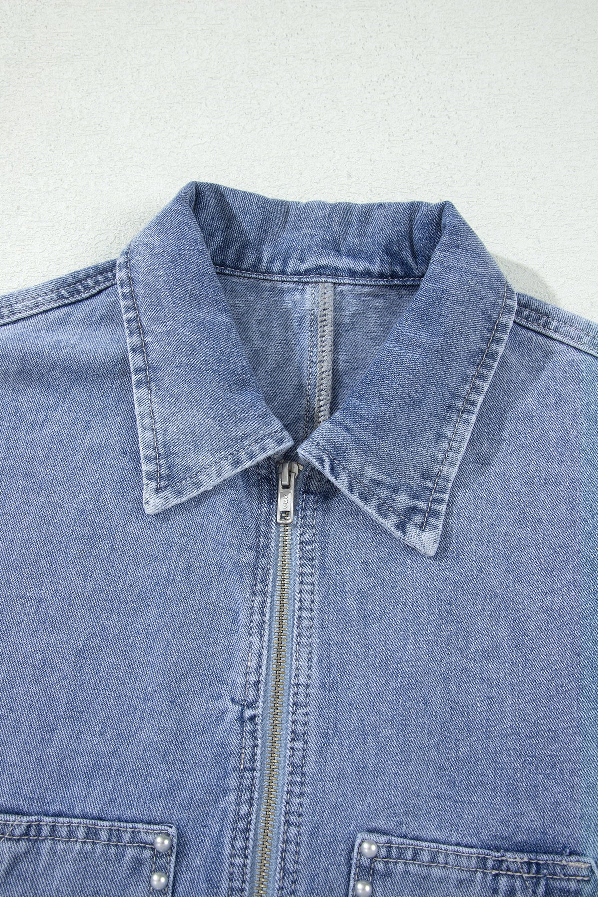 Beau Blue Studded Metal Zipper Rivet Pockets Denim Jacket