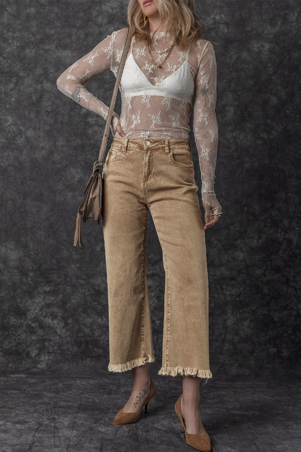 Acid Washed High Rise Cropped Wide Leg Jeans