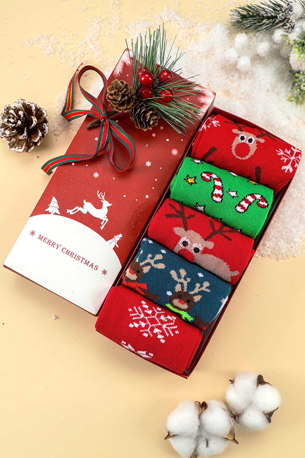 5 Pairs/Set Christmas Cartoon Elk Soft Socks Set with Box
