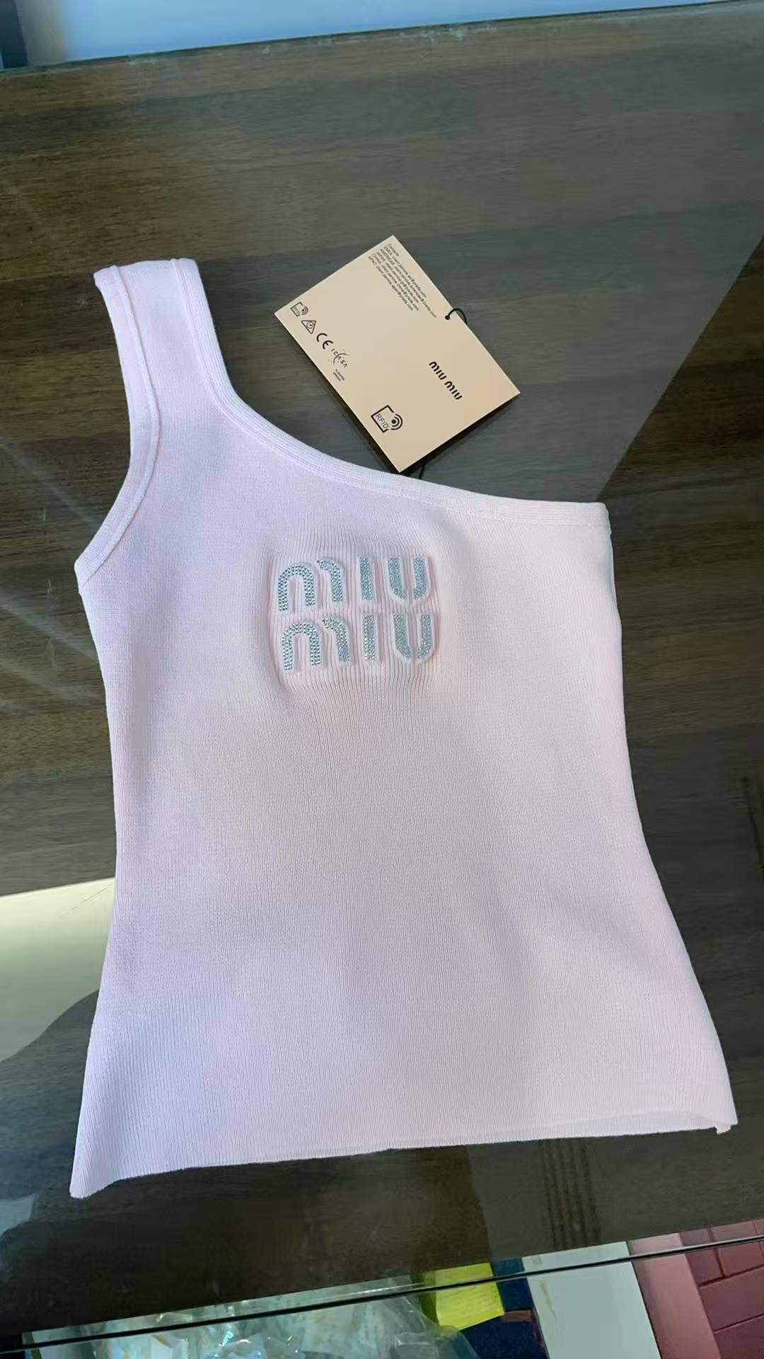 Miu Miu PINK One-Shoulder Tank Top with Crystal