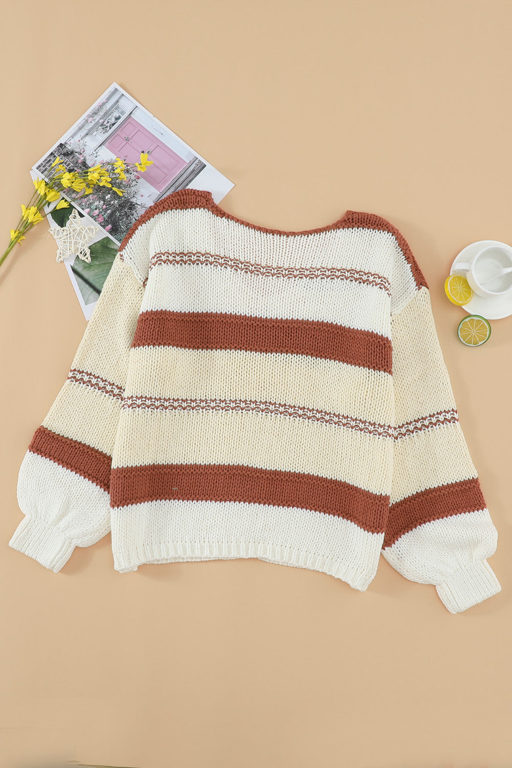 Beige Red Striped Sweater