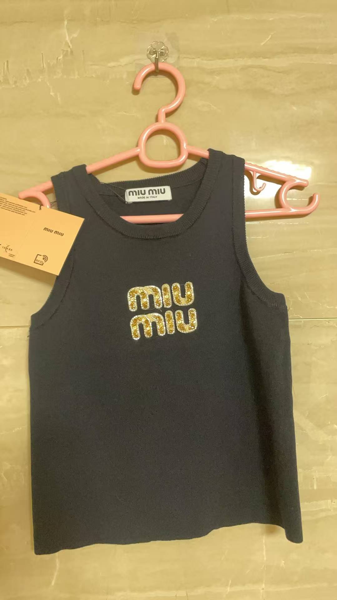 Miu Miu White Ribbed Tank Top with Black Crysta