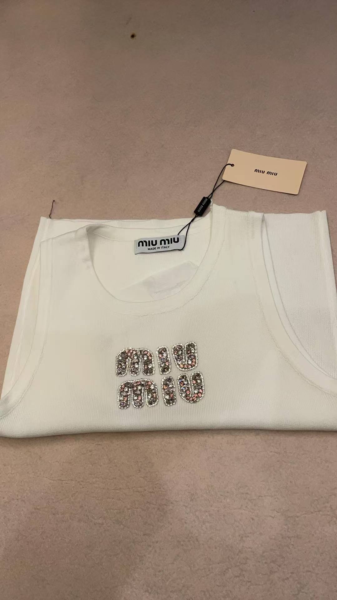 Miu Miu Women's Ribbed White Tank Top with Crystal Logo