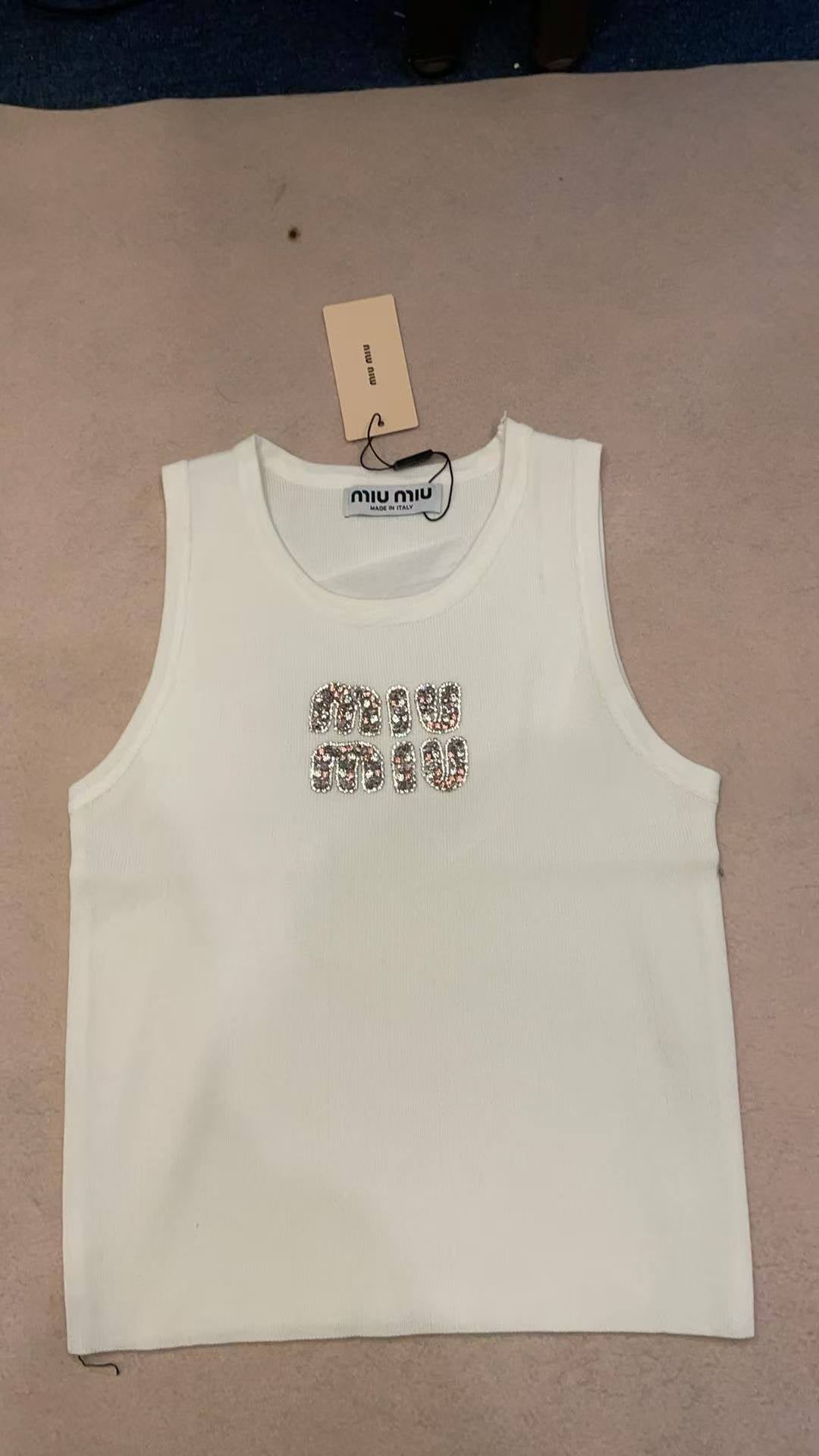 Miu Miu Women's Ribbed White Tank Top with Crystal Logo