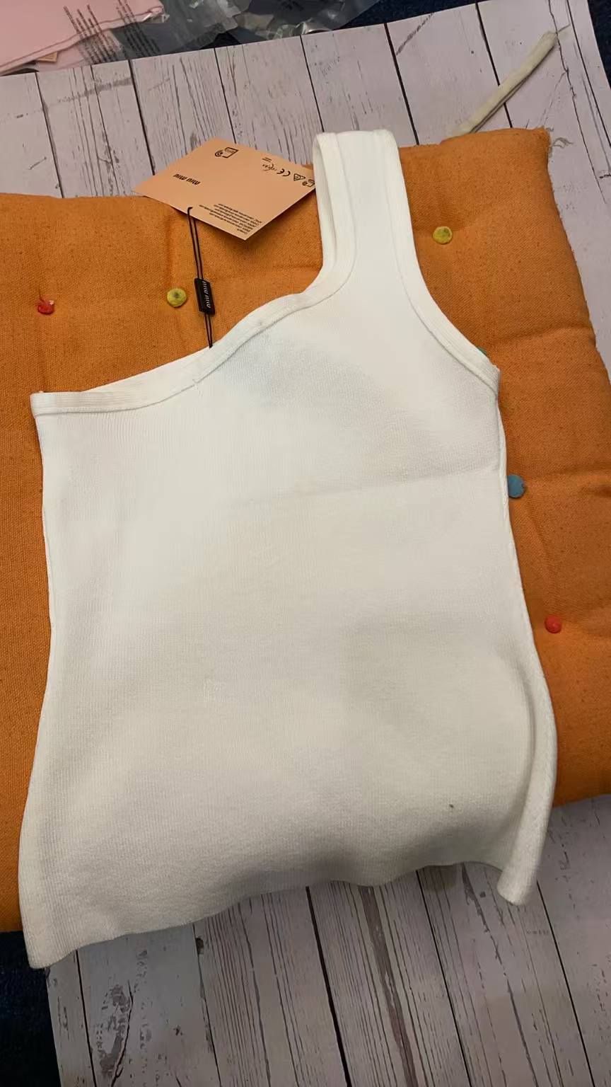 Miu Miu White One-Shoulder Tank Top with Crystal