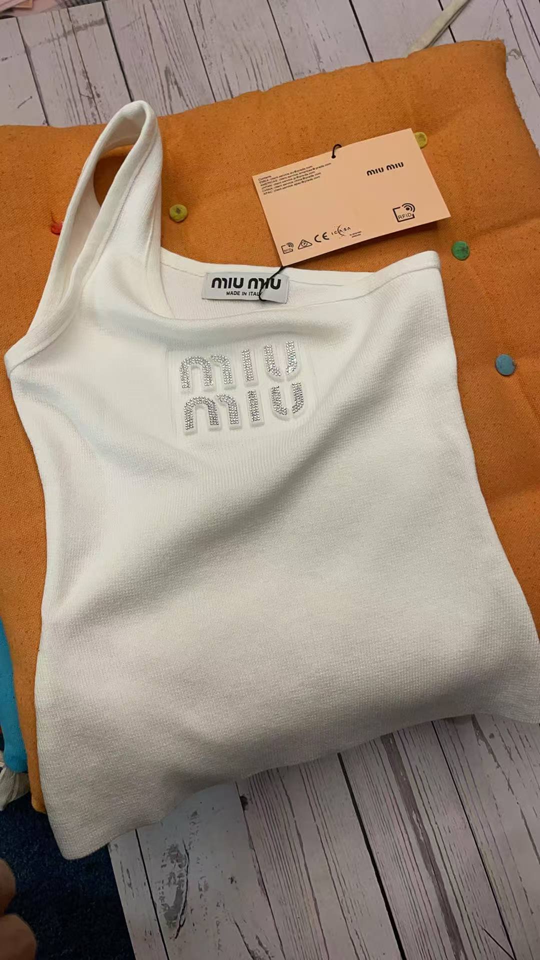 Miu Miu White One-Shoulder Tank Top with Crystal
