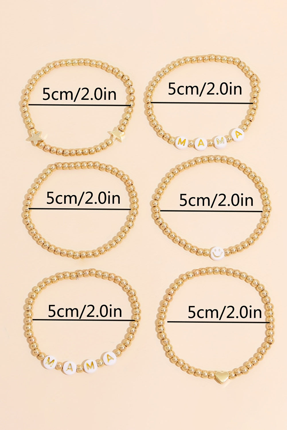 6Pcs MAMA Heart Star Shape Plated Beaded Bracelet Set