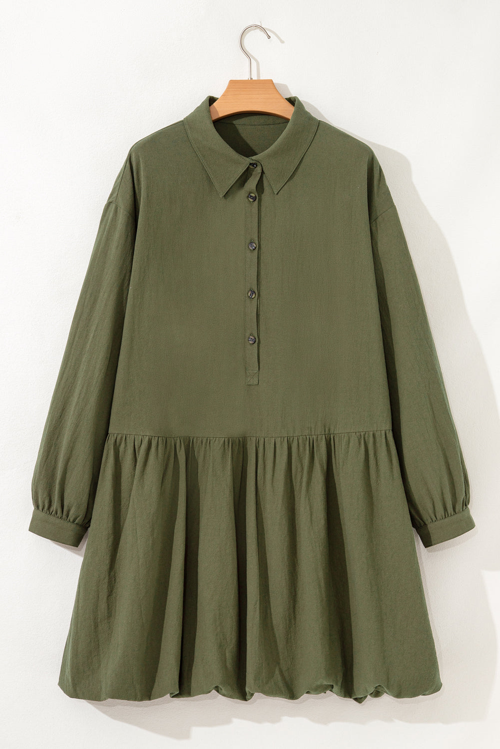 100% Cotton Green Plus Size Long Sleeve Ruffle Hem Mini Dress