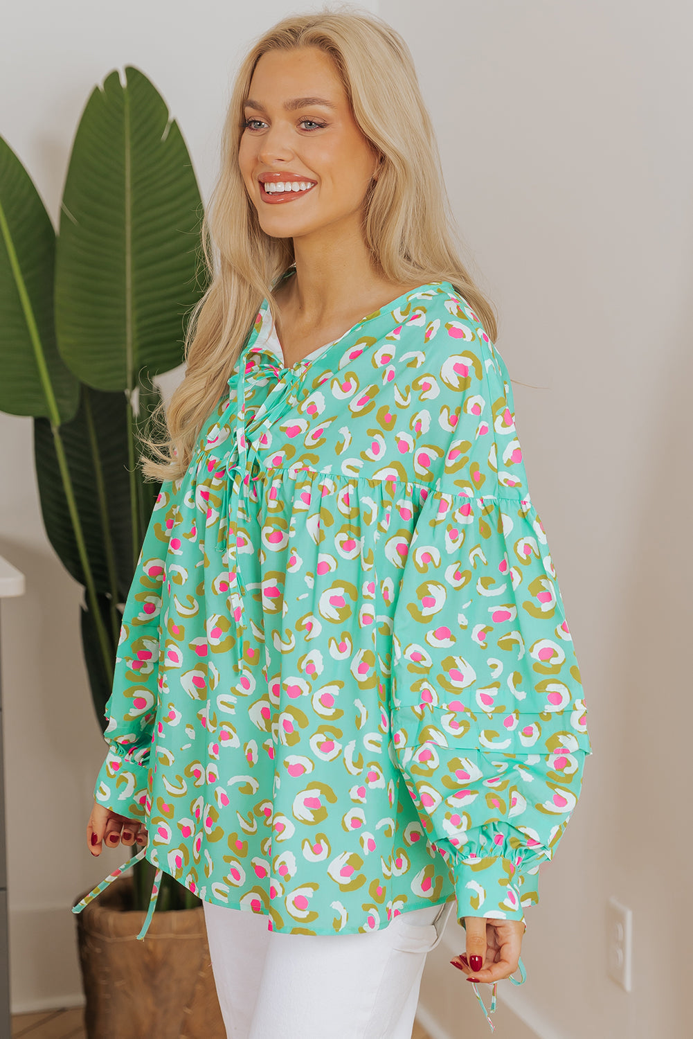 Abstract Lantern Sleeve Babydoll Blouse