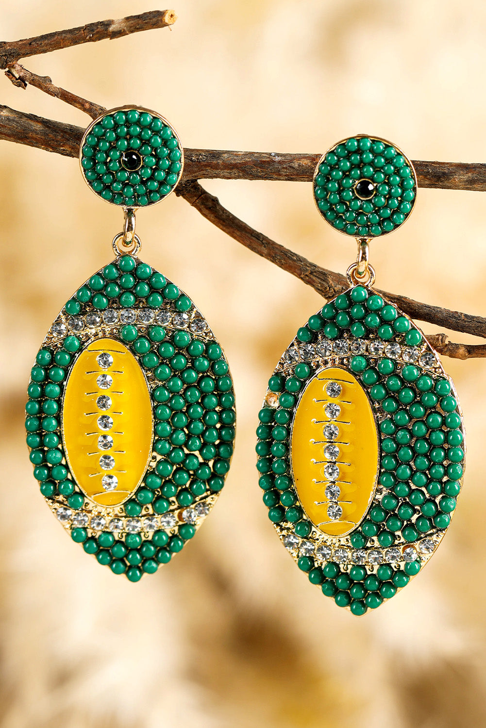 Beaded Rhinestone Rugby Football Drop Earrings