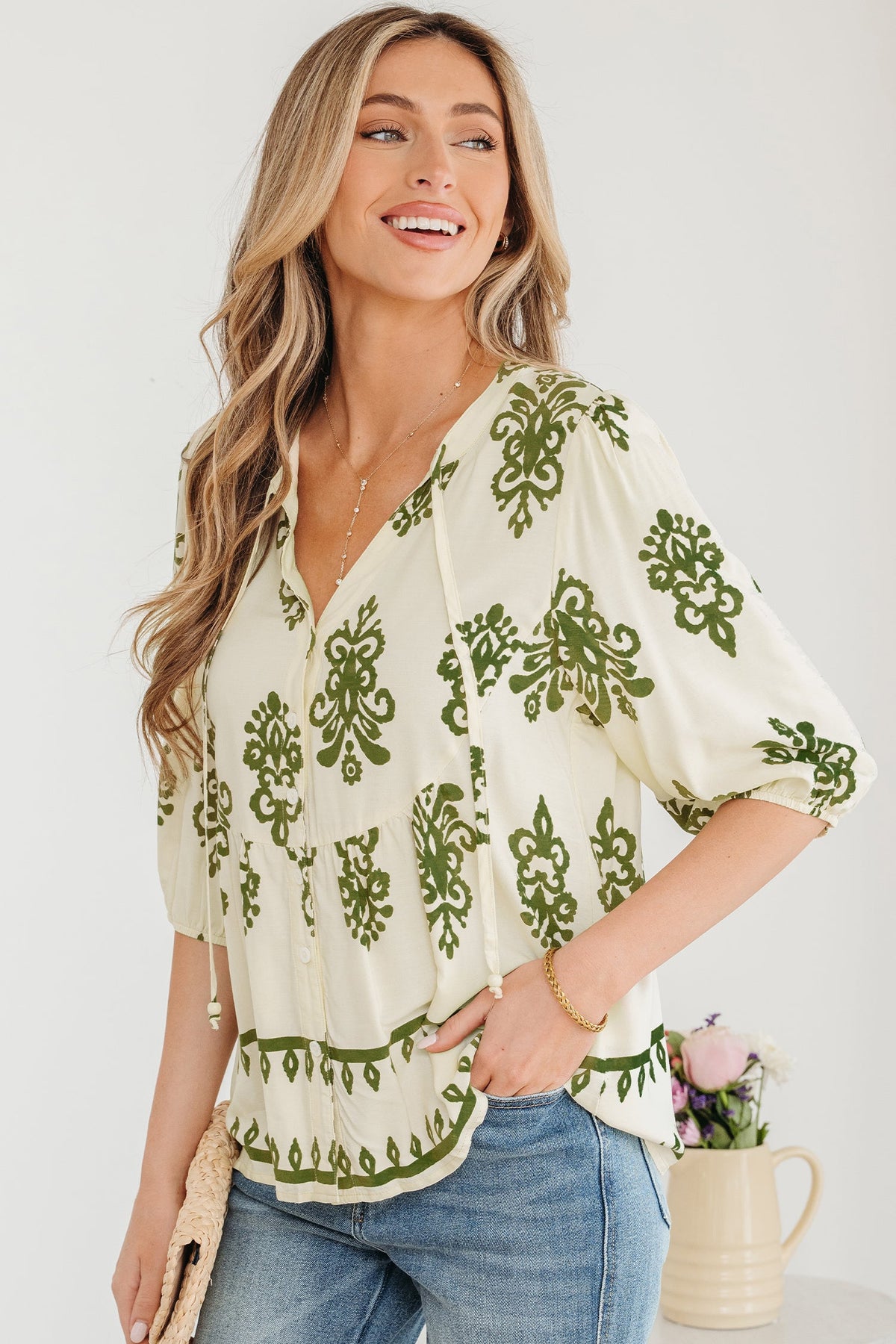 Apricot Floral Print Tie V Neck Puffy Half Sleeve Shirt