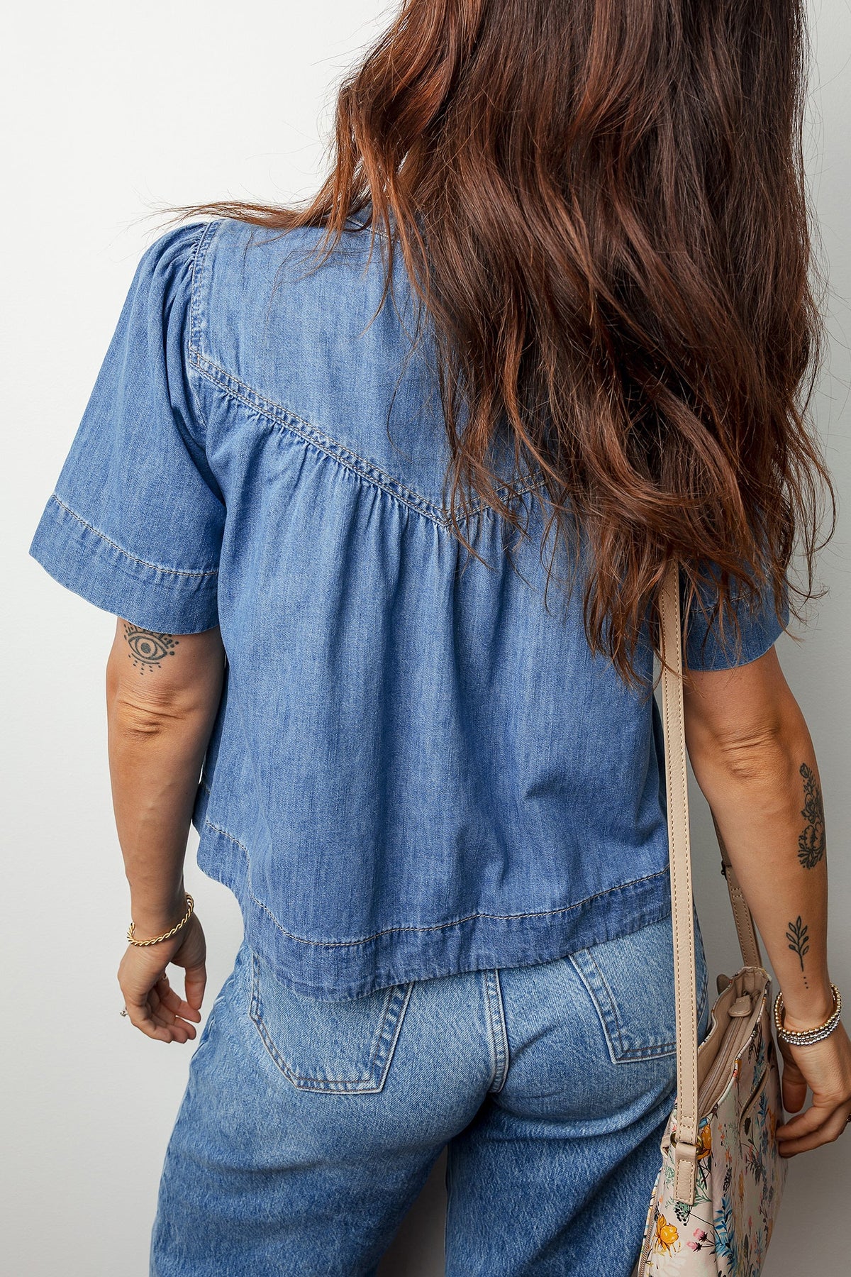 Beau Blue Seam Pleated Detail Short Sleeve Denim Top