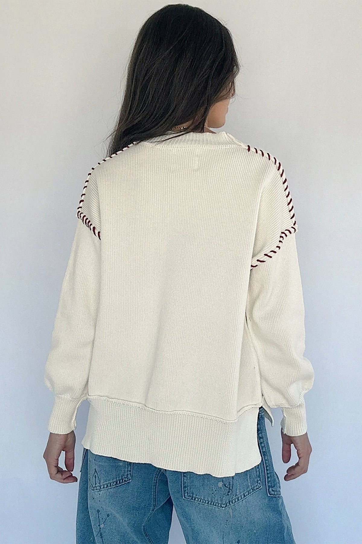 Beige Drop Shoulder Game Day Letter Print Pullover Sweater