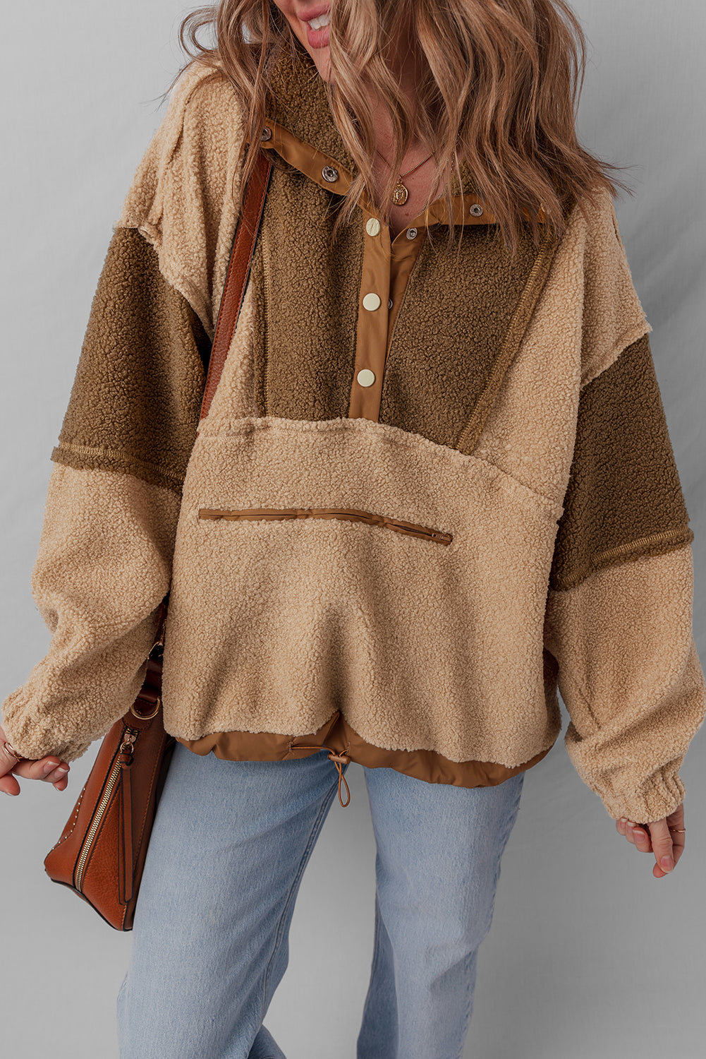 2-tone Color Block Patchwork Half Button Sherpa Sweatshirt