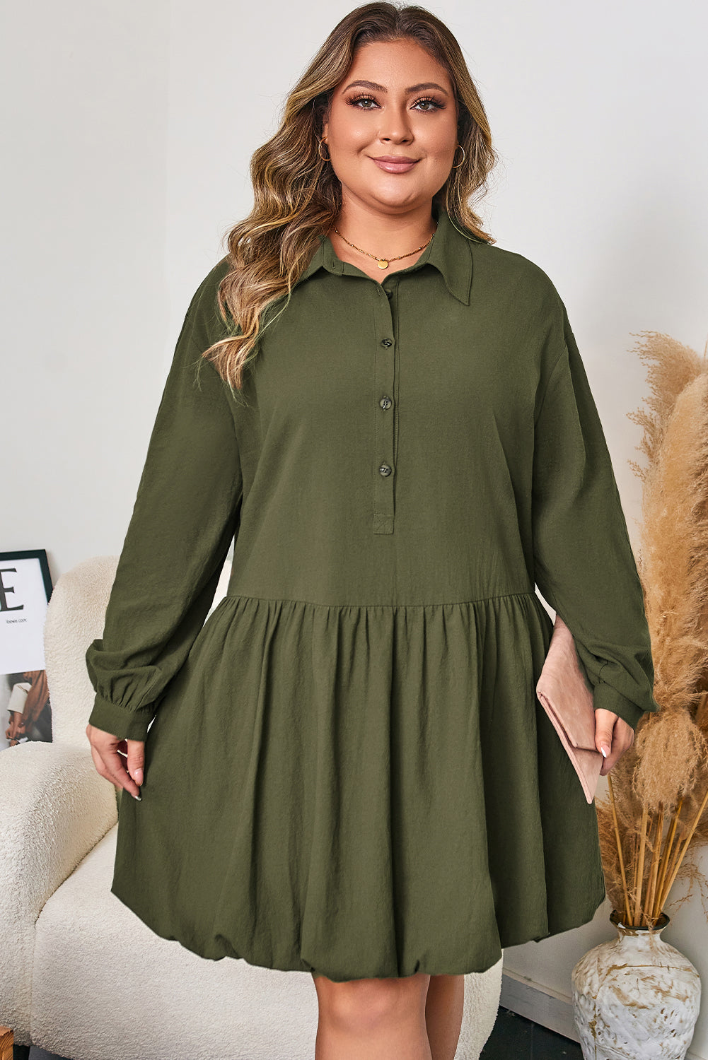 100% Cotton Green Plus Size Long Sleeve Ruffle Hem Mini Dress