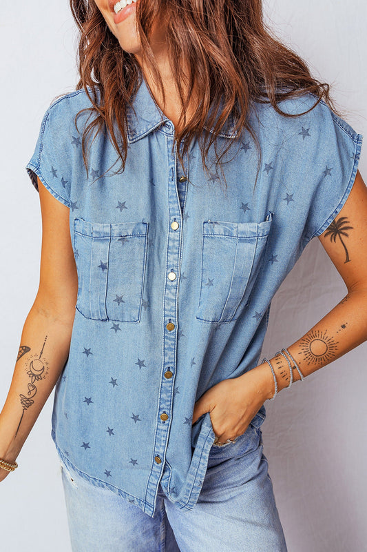 Beau Blue Star Allover Print Short Sleeve Denim Shirt
