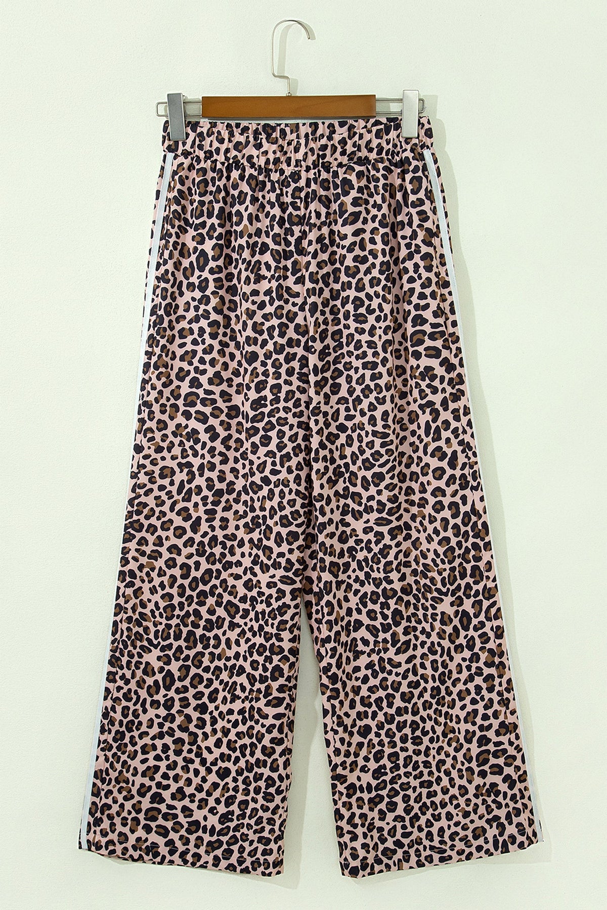 Beige Leopard Print Side Striped Detail Casual Wide Leg Pants