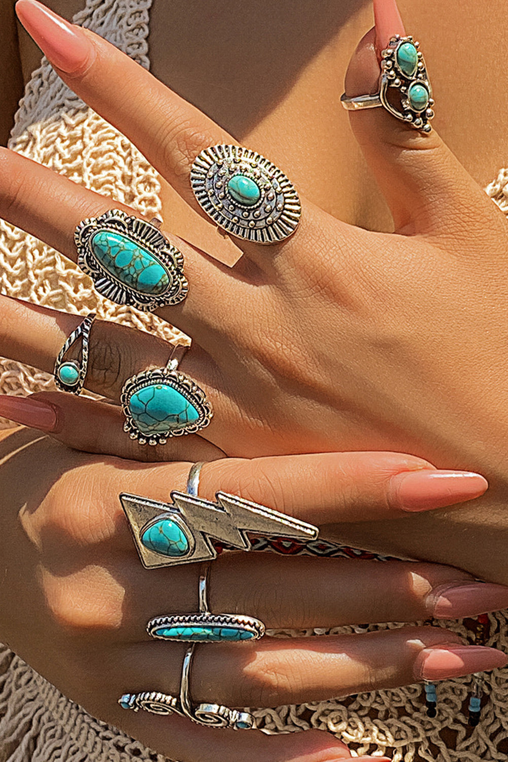8pcs Turquoise Inlay Western Ring Set
