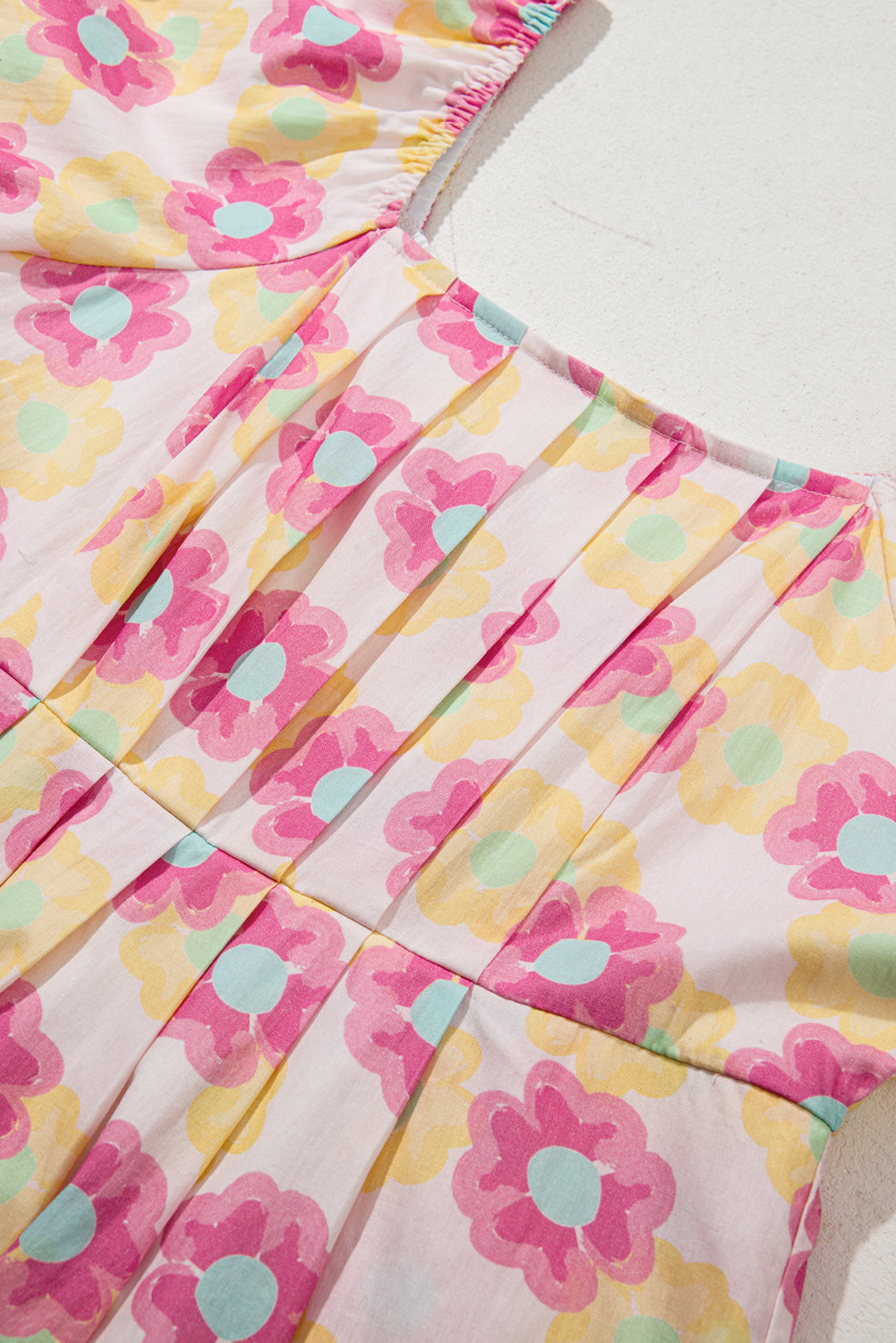 100 Cotton Rose Vibrant Floral Square Neck Pleated Flared Midi Dress