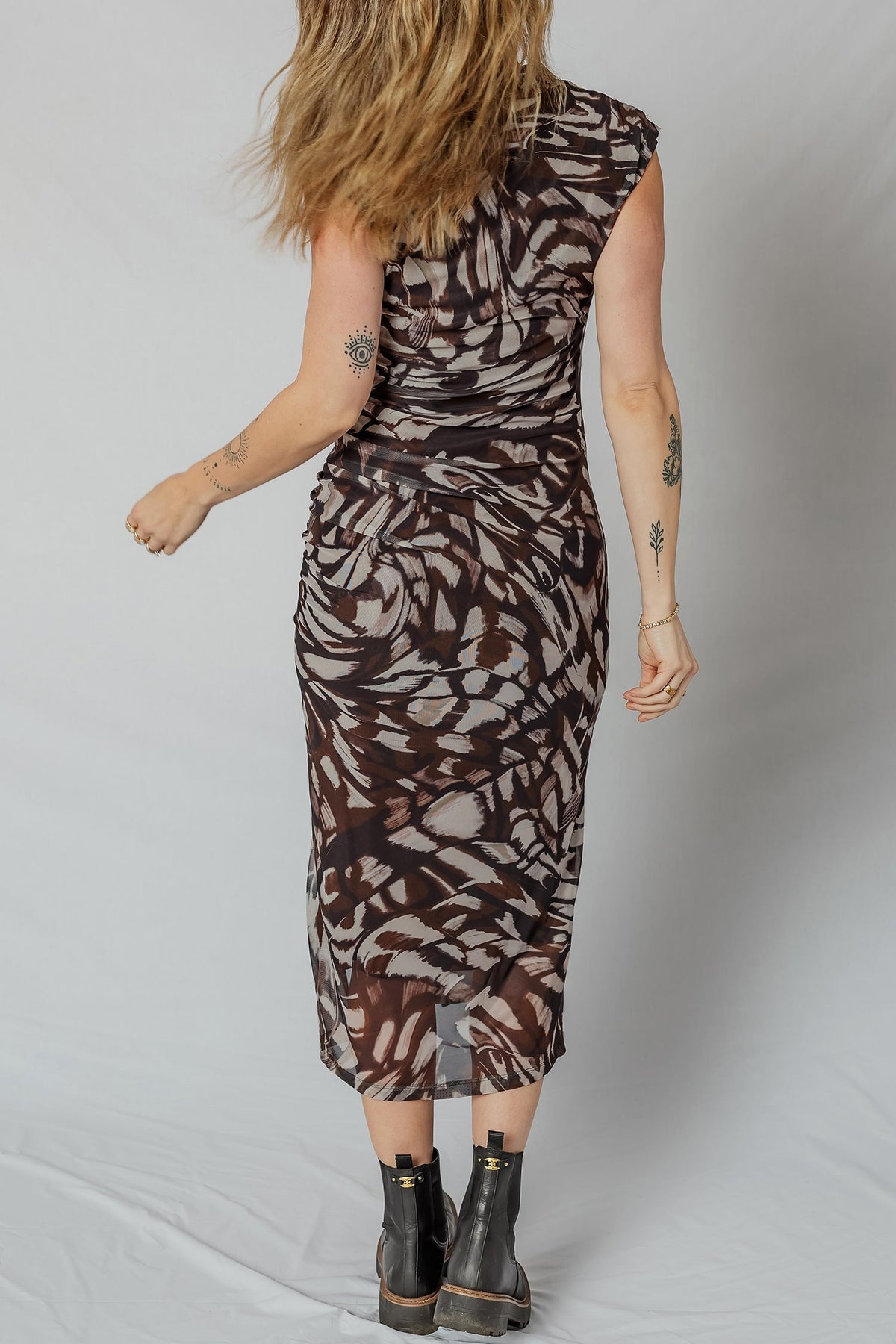 Abstract Print Mesh Cowl Neck Cap Sleeve Ruched Midi Dress with Slit