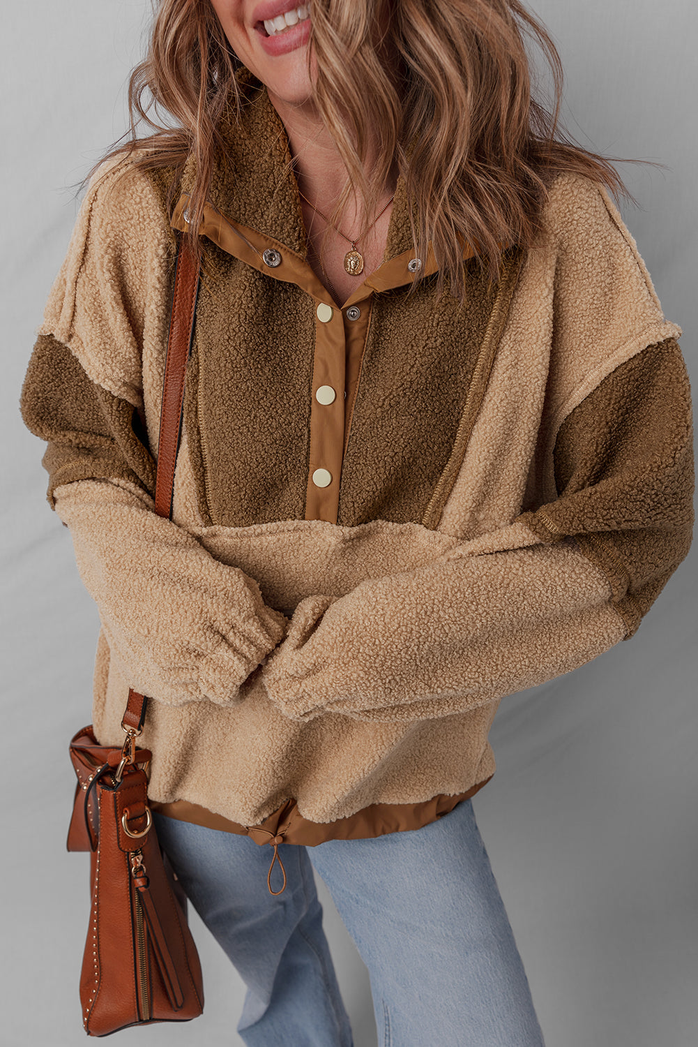 2-tone Color Block Patchwork Half Button Sherpa Sweatshirt