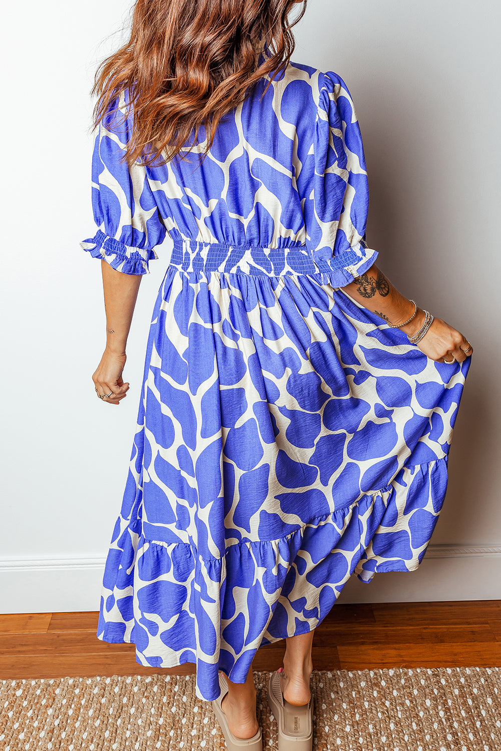 Abstract Print Smocked Waist Puff Half Sleeve Maxi Dress