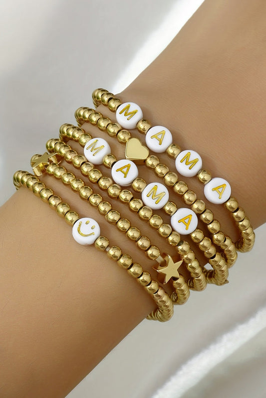 6Pcs MAMA Heart Star Shape Plated Beaded Bracelet Set