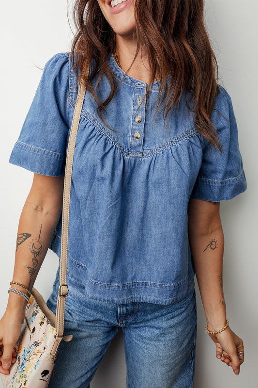 Beau Blue Seam Pleated Detail Short Sleeve Denim Top