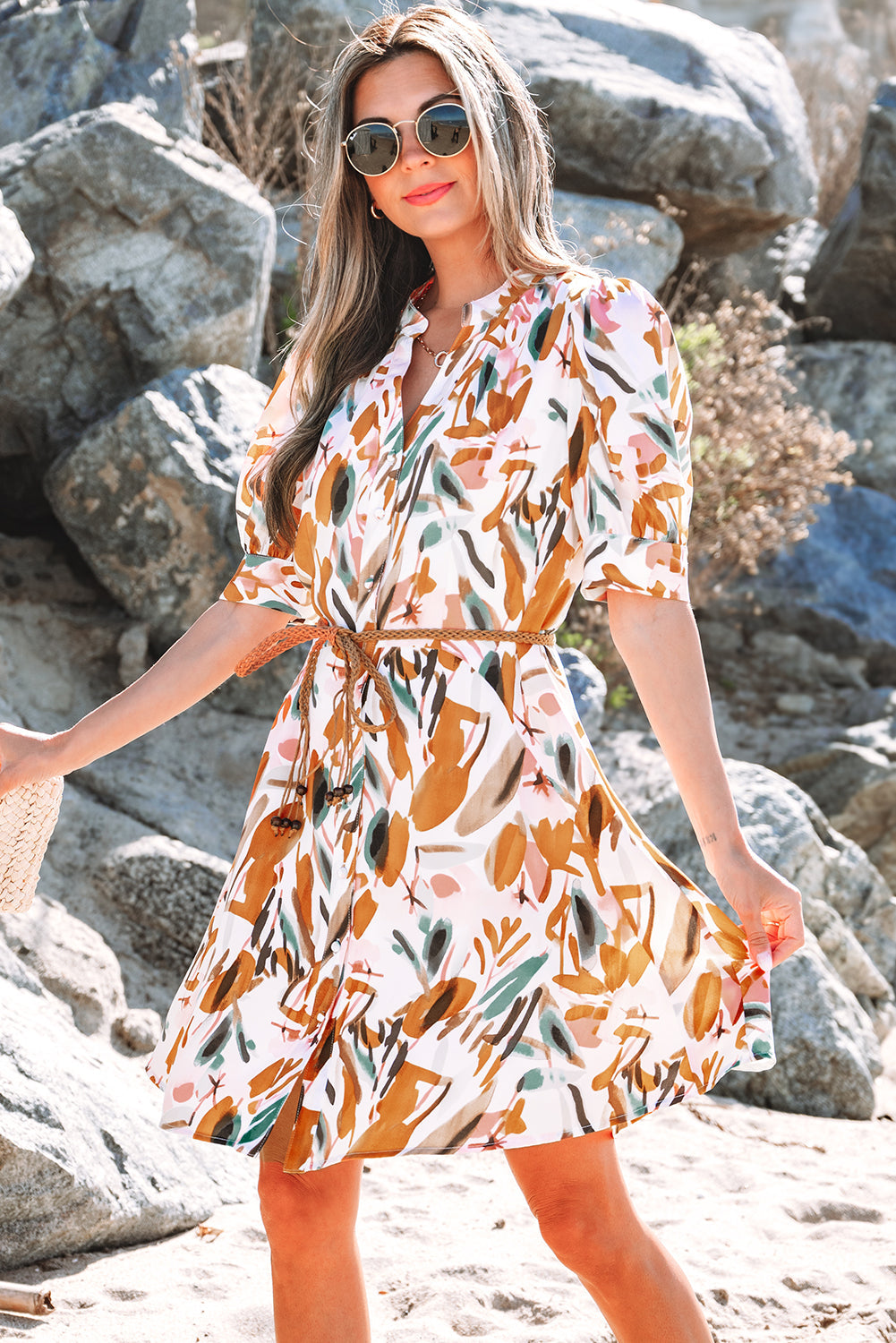 Abstract Printed Button Up Braided Belt Mini Dress