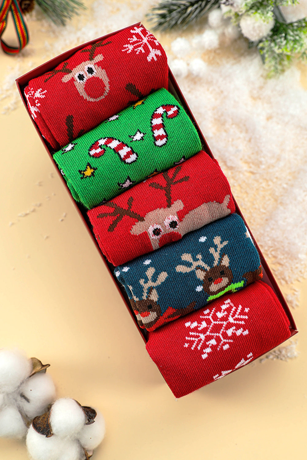 5 Pairs/Set Christmas Cartoon Elk Soft Socks Set with Box