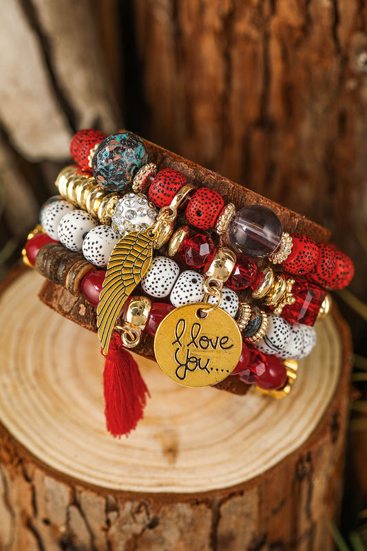 4pcs Boho Disc Tassel Wing Pendant Beaded Bracelet Set