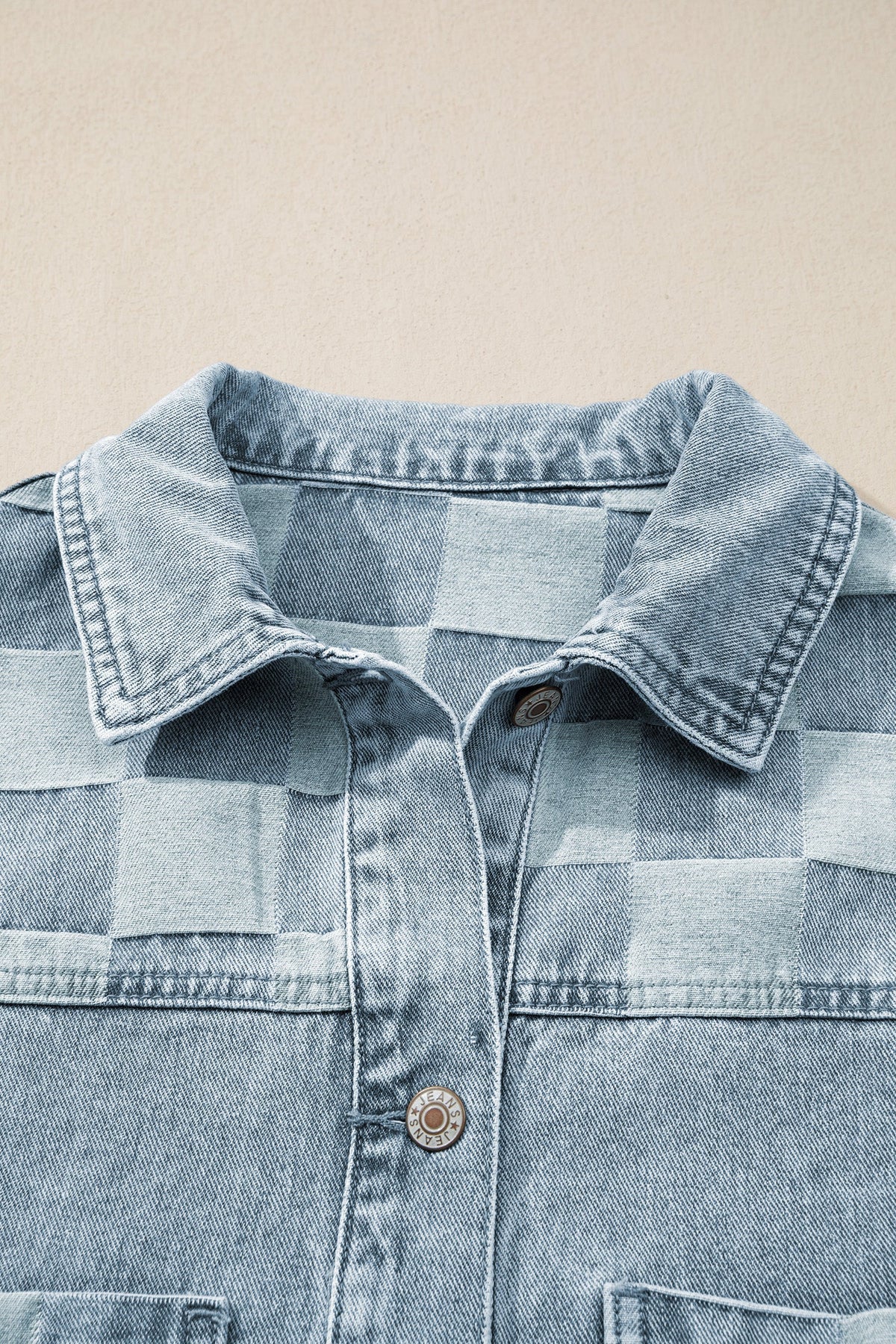 Beau Blue Denim Checkered Pattern Patchwork Womens Casual Jacket