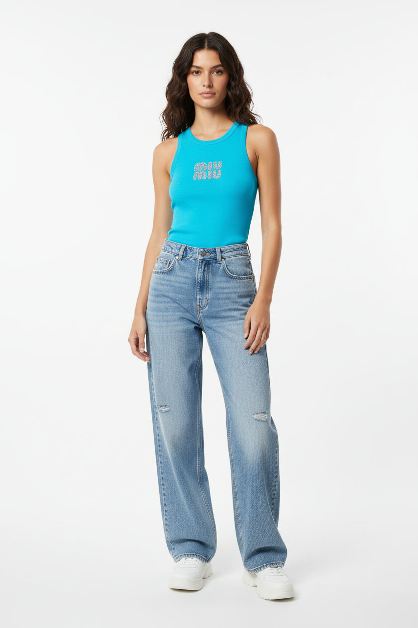 Miu Miu White Ribbed Tank Top with Blue Crysta