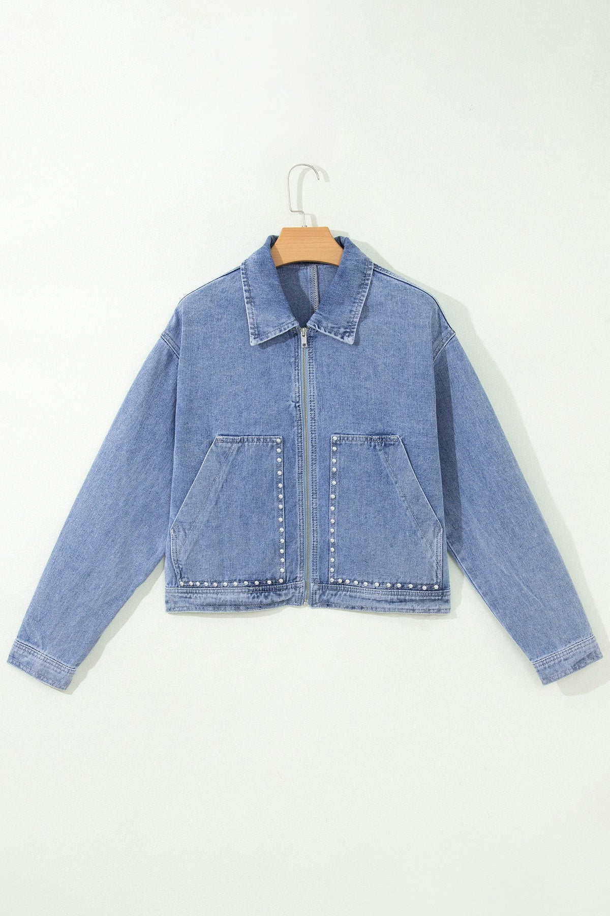 Beau Blue Studded Metal Zipper Rivet Pockets Denim Jacket