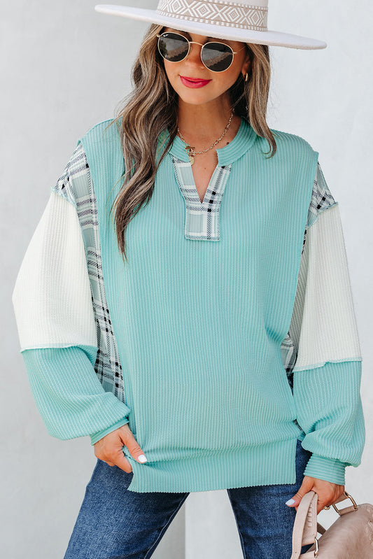 Aruba Blue Colorblock Patchwork Split Neck Long Sleeve Top