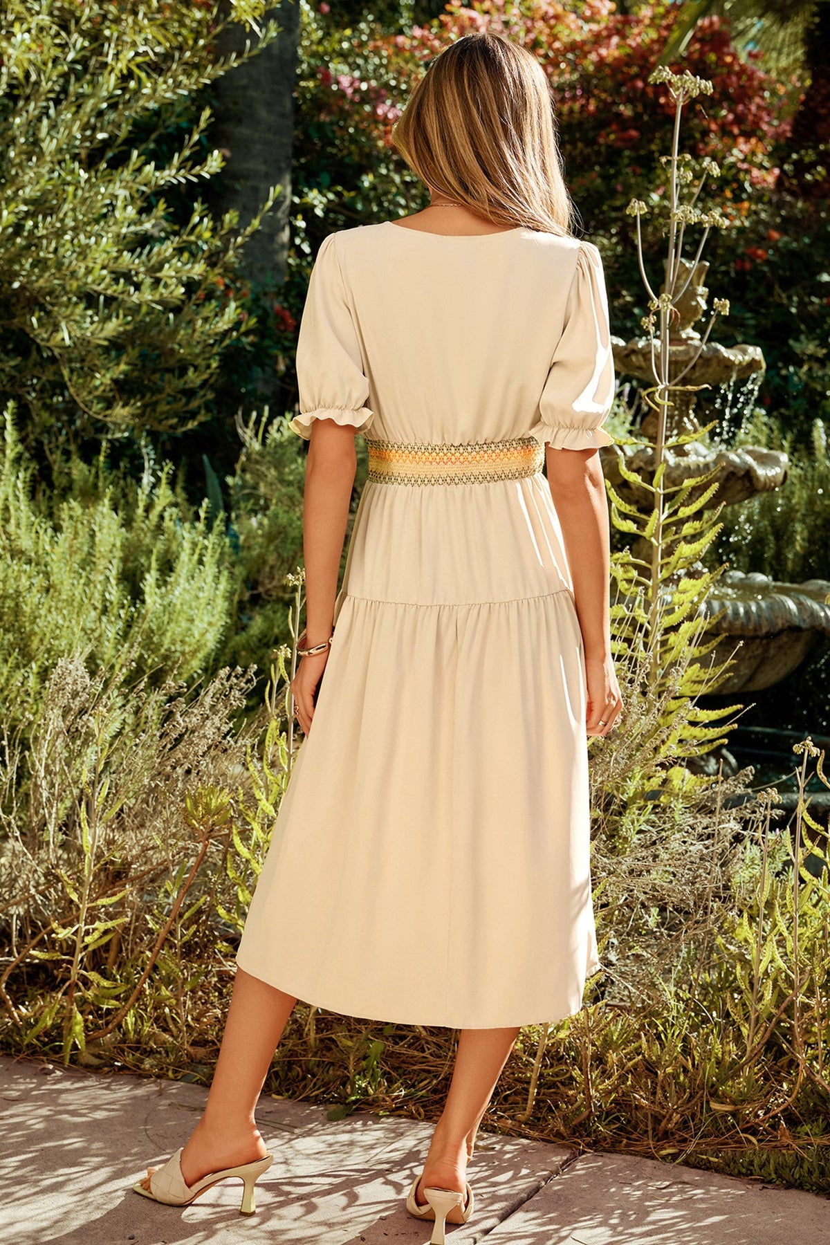Apricot Elastic Waist Short Sleeve Midi Dress
