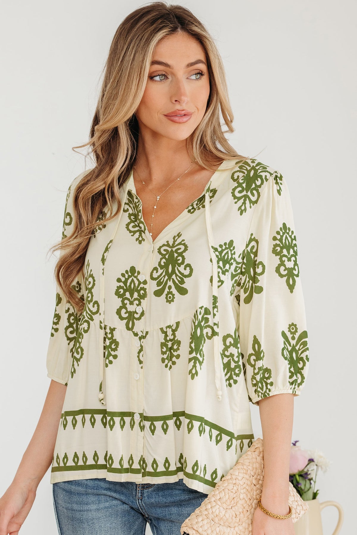 Apricot Floral Print Tie V Neck Puffy Half Sleeve Shirt