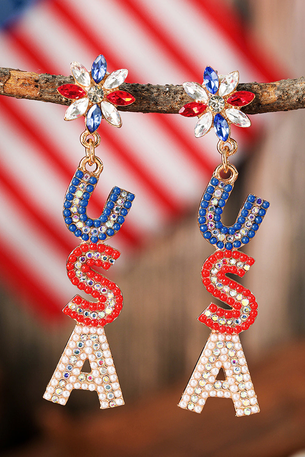 Beaded Rhinestone Colorblock USA Earrings