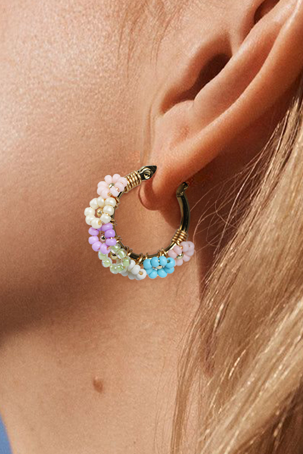 Beaded Flower Hoop Alloy Earrings