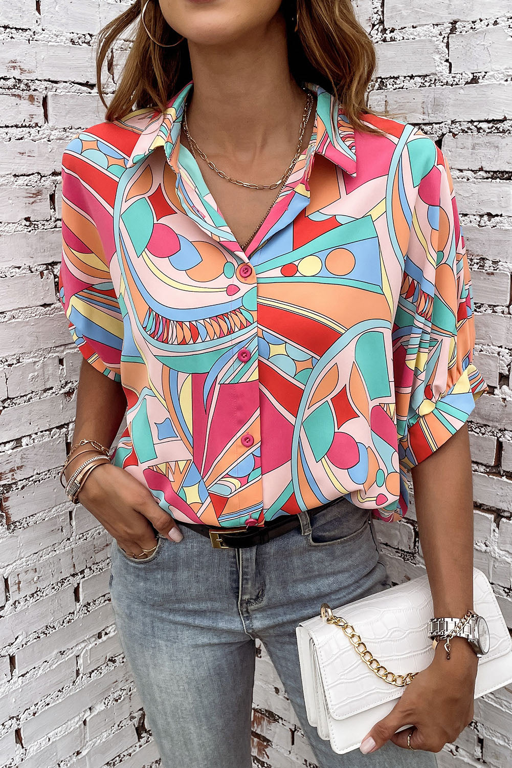 Abstract Half Puff Sleeve Loose Shirt