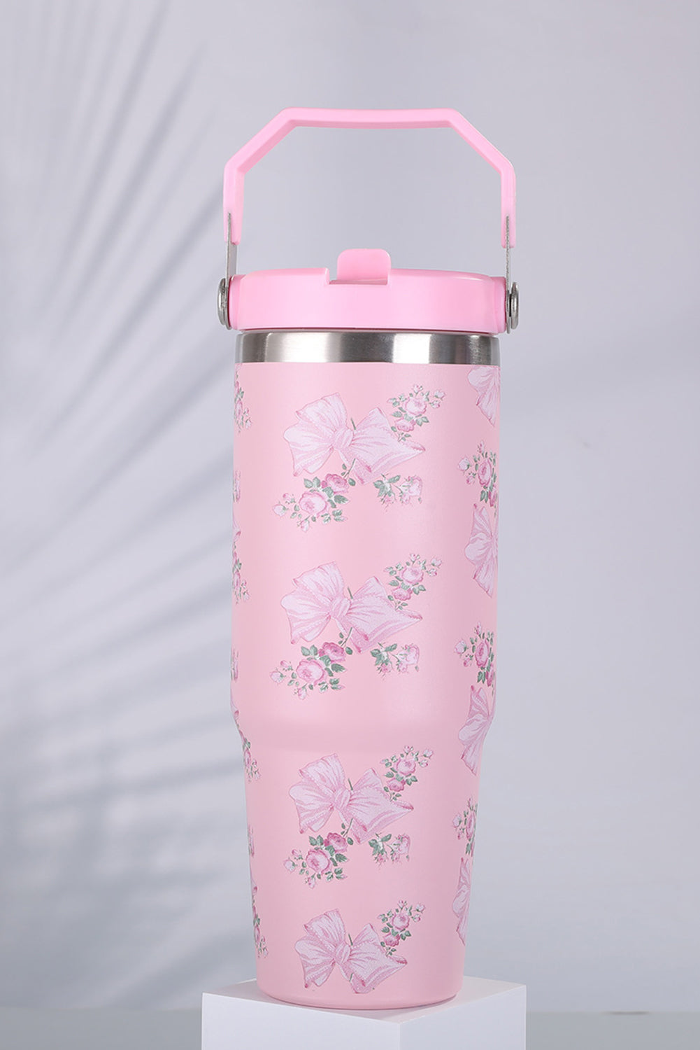30OZ Bow Floral Print Flip Handle Straw Tumbler
