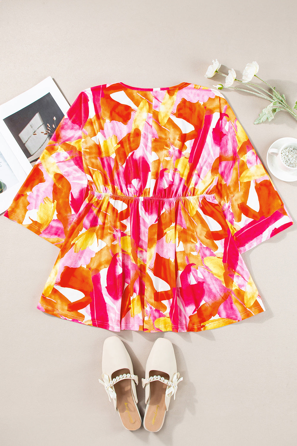 3/4 Sleeve V Neck Ruffled Babydoll Blouse