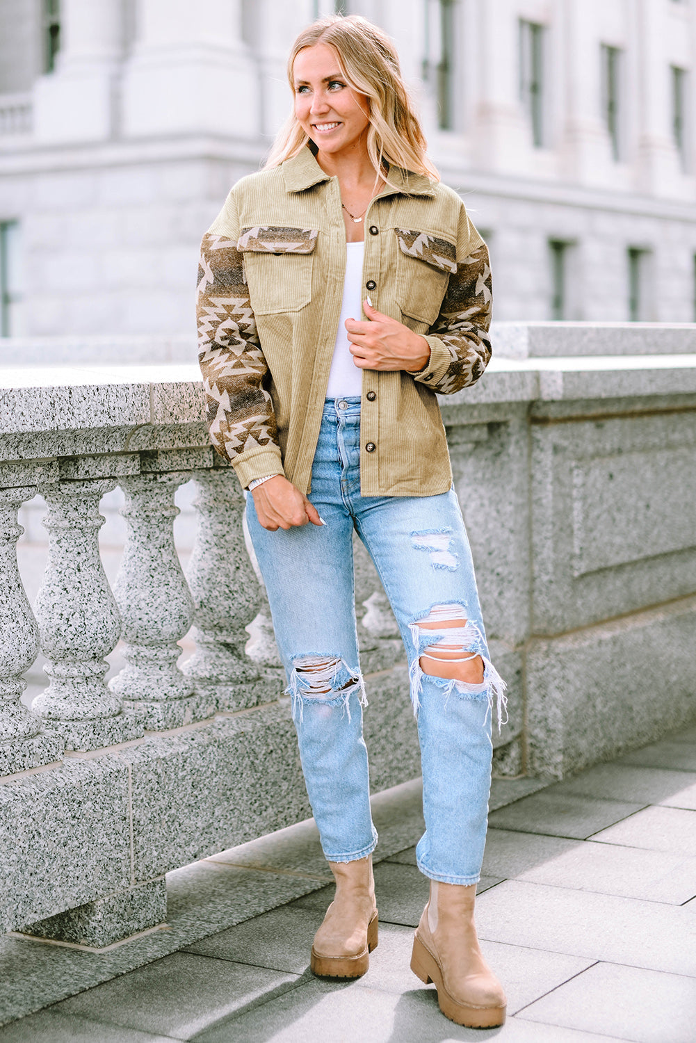 Aztec Print Patchwork Frayed Edge Khaki Corduroy Jacket