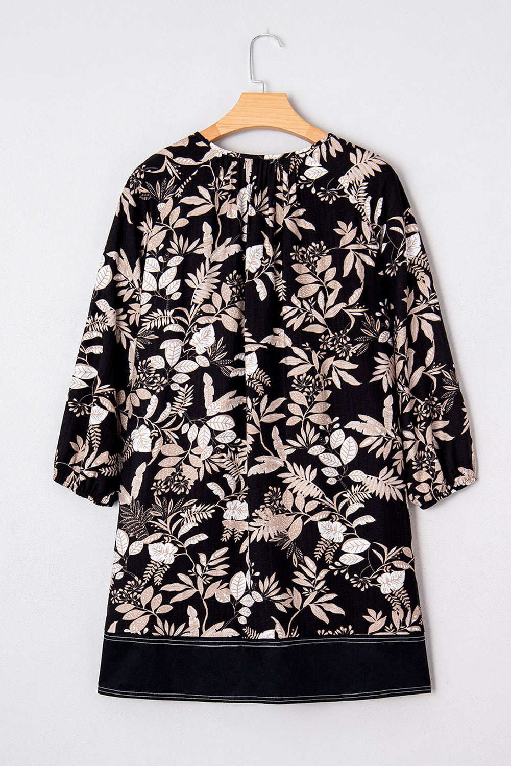 3/4 Sleeve Botanical Print Split Neck Loose Mini Dress
