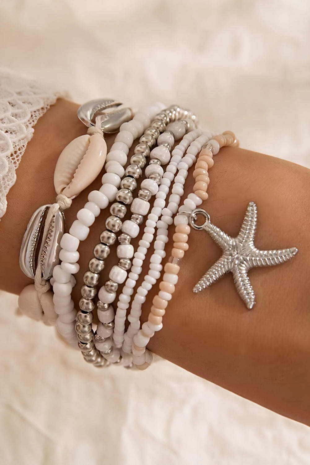 7pcs Starfish Seashell Beaded Bracelet Set