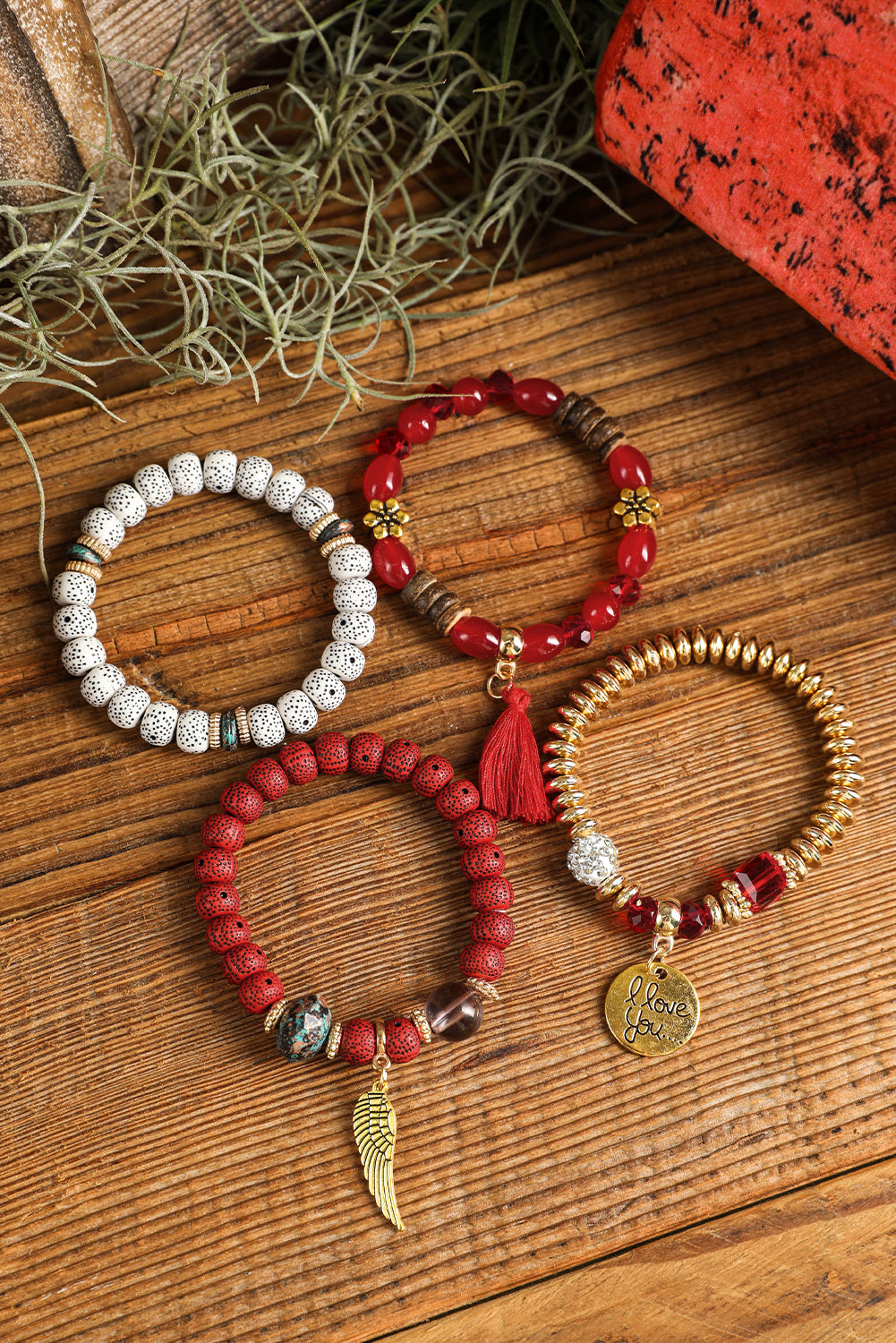 4pcs Boho Disc Tassel Wing Pendant Beaded Bracelet Set