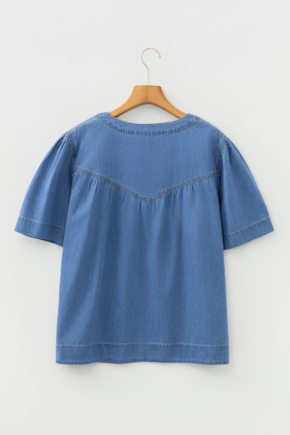 Beau Blue Seam Pleated Detail Short Sleeve Denim Top