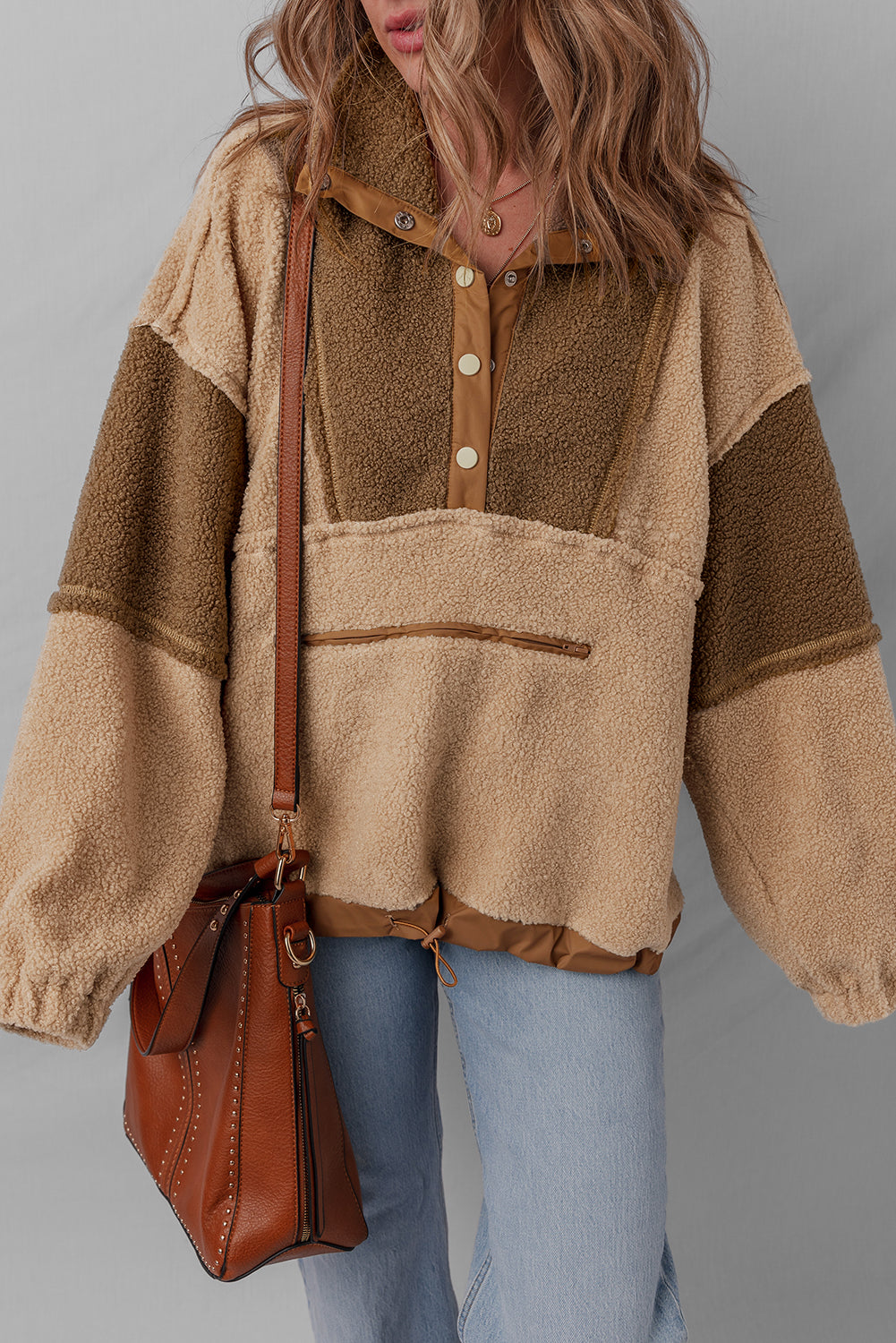 2-tone Color Block Patchwork Half Button Sherpa Sweatshirt