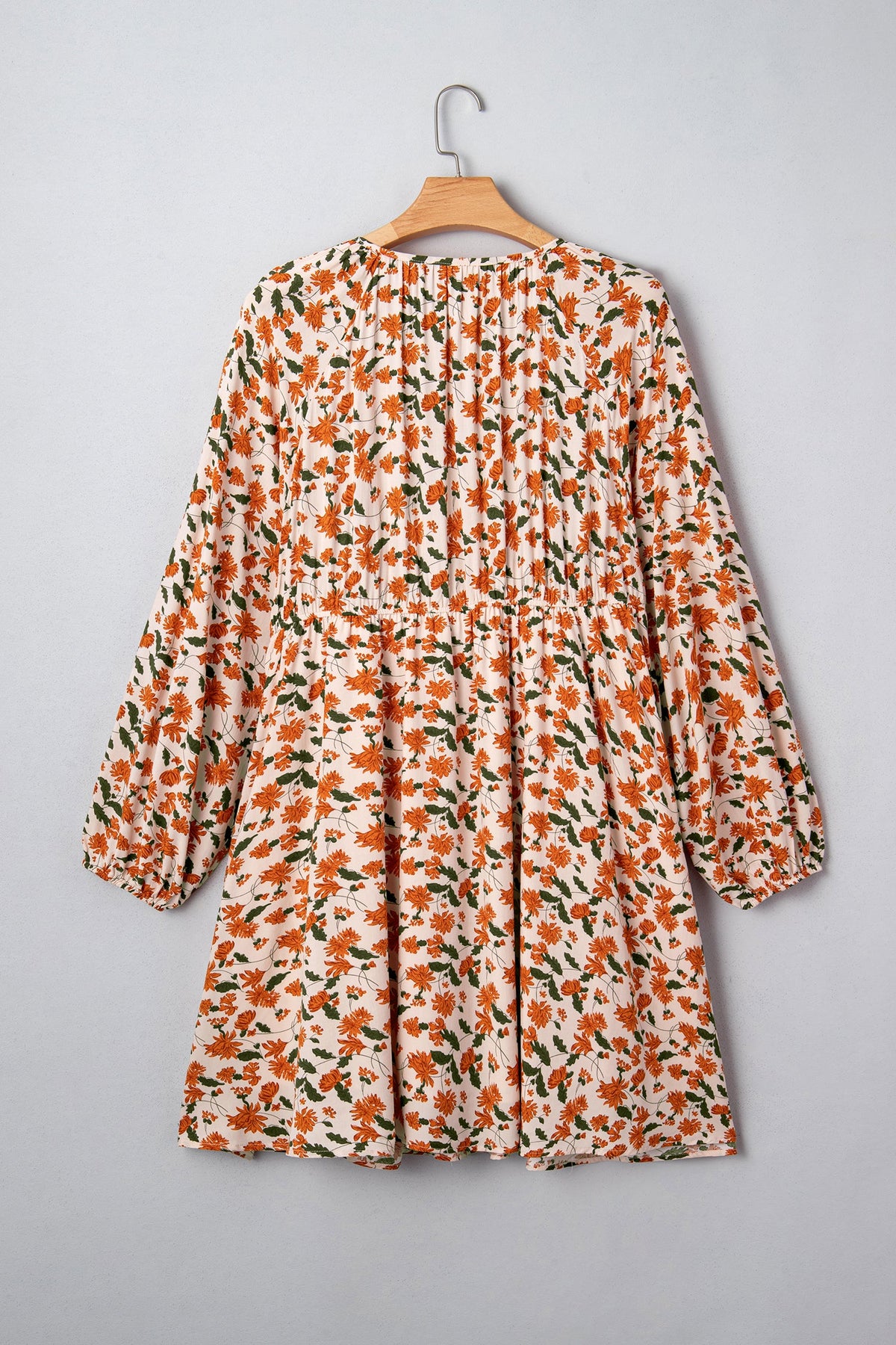 Beige Plus Size Floral Print Long Sleeve Babydoll Short Dress
