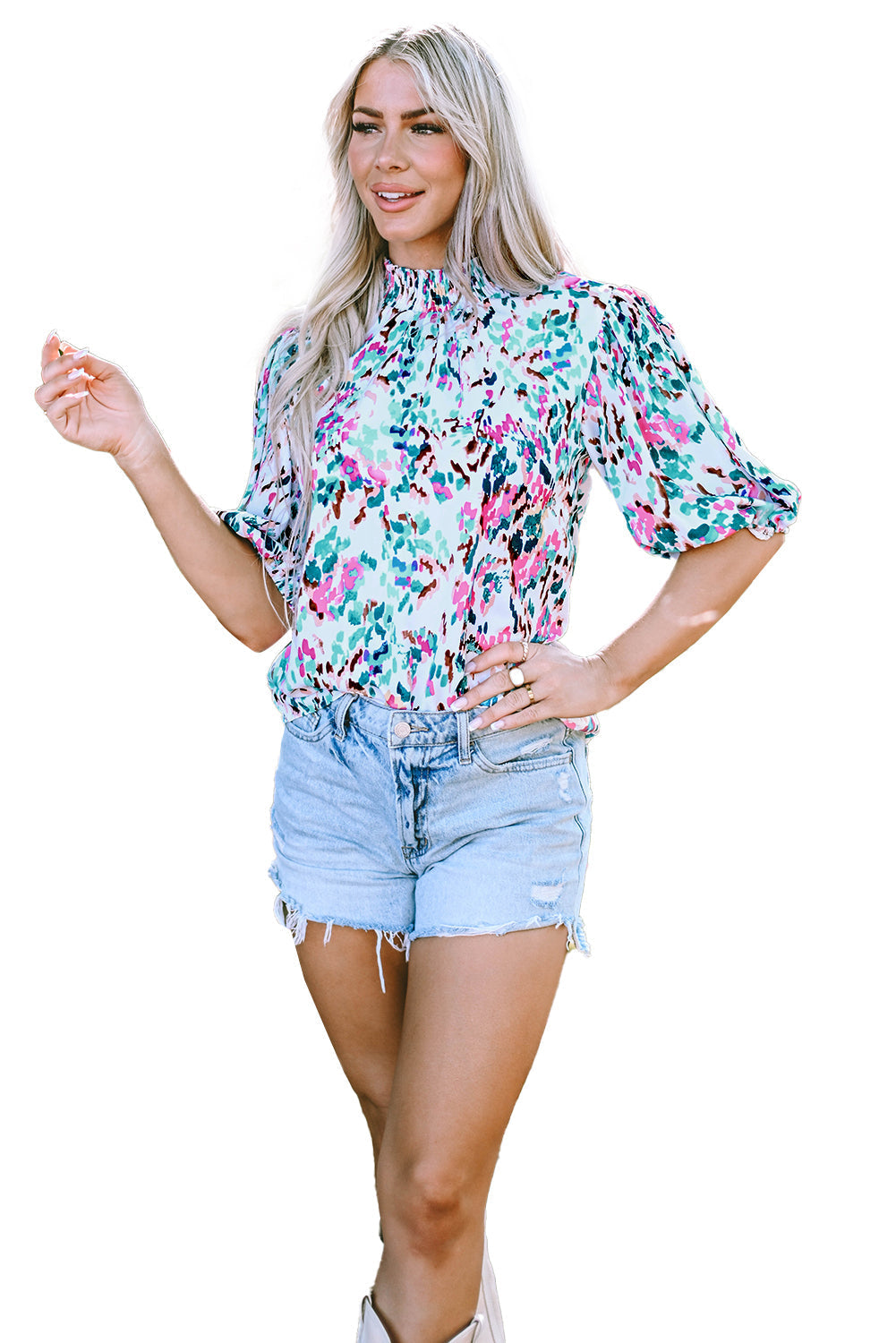 Abstract Puff Sleeve Mock Neck Blouse
